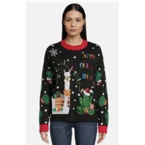 Holiday‎ Time Happy Llama Days Sweater Womens Sz XS Black Ugly Christmas